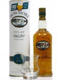 A bottle of Bowmore Screen Printed Free Bowmore Glass 10 Year Old