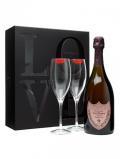 A bottle of Dom Perignon 1998 Rose Champagne / LOVE Glass pack