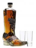 A bottle of Texano Boot Reposado Tequila With Two Glasses